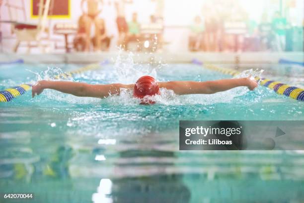 teenager schwimmen schmetterling - schwimmwettkampf stock-fotos und bilder