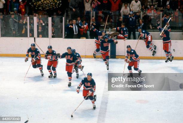 The United States hockey team celebrates after winning a game at the Winter Olympics circa 1980 at the Olympic Center in Lake Placid, New York.