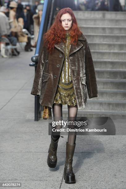 Model Natalie Westling walks the runway for the Marc Jacobs Fall 2017 Show at Park Avenue Armory on February 16, 2017 in New York City.