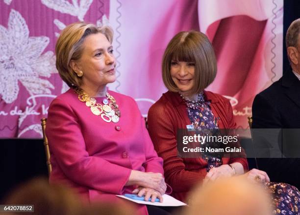 Former United States Secretary of State Hillary Clinton and Editor-in-chief of Vogue Anna Wintour attend the Oscar de la Renta Forever Stamp...