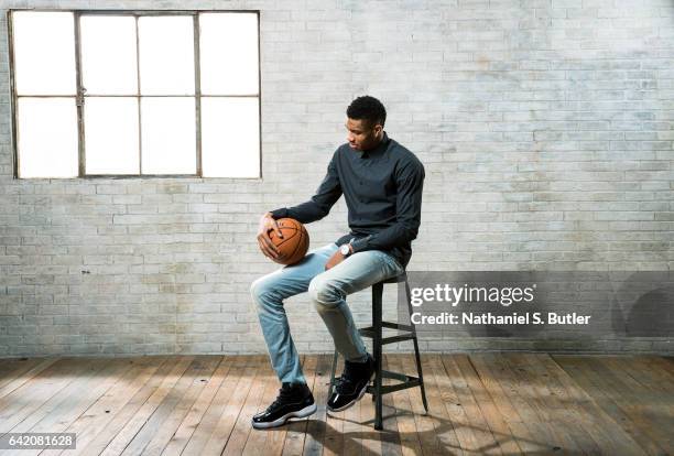 Giannis Anetokounmpo of the Milwaukee Bucks poses for a portrait during the 2017 All-Star Media Circuit at the Ritz Carlton in New Orleans, LA. NOTE...