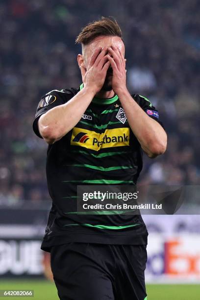 Josip Drmic of Borussia Moenchengladbach reacts during the UEFA Europa League Round of 32 first leg match between Borussia Moenchengladbach and ACF...