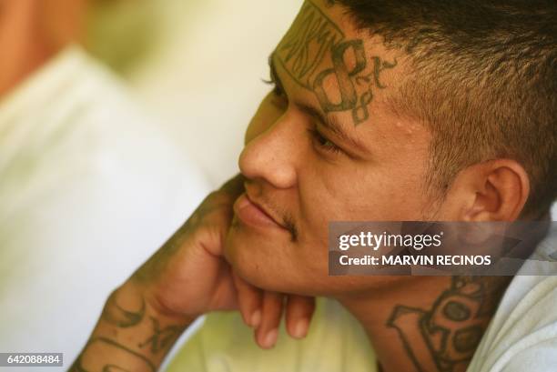 Former 18th Street gang member attends a class on biblical education at the San Francisco Gotera prison, 165 km from San Salvador, on February 16,...