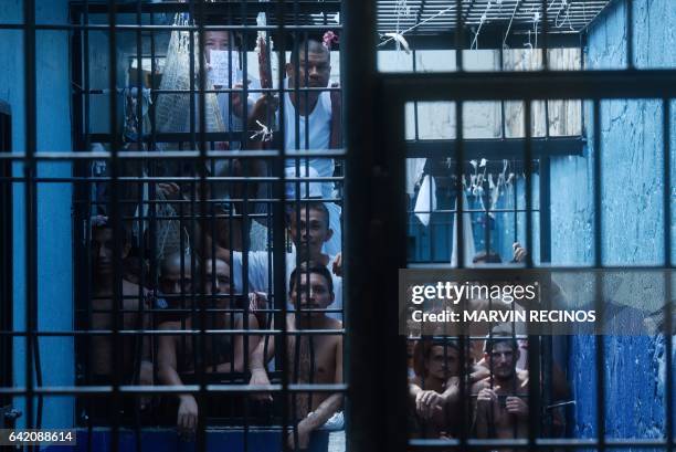 Former 18th Street gang members are pictured at the San Francisco Gotera prison, 165 km from San Salvador, on February 16, 2017. In the San Francisco...