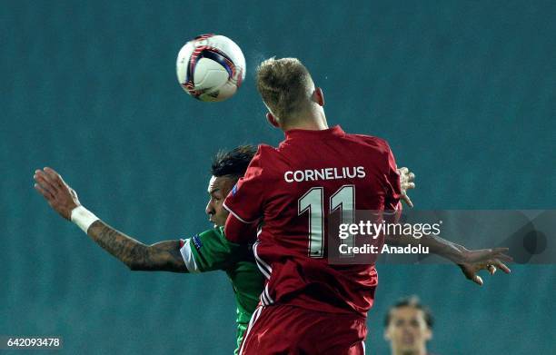 Andreas Cornelius of Copenhagen vies with Anicet Abel of PFC Ludogorets during the UEFA Europa League football match between PFC Ludogorets Razgrad...