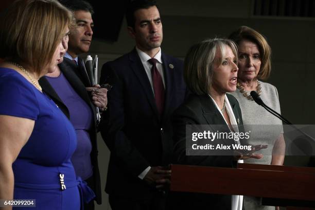 Rep. Michelle Lujan Grisham , Chair of Congressional Hispanic Caucus, speaks as House Minority Leader Rep. Nancy Pelosi and other House Democrats...