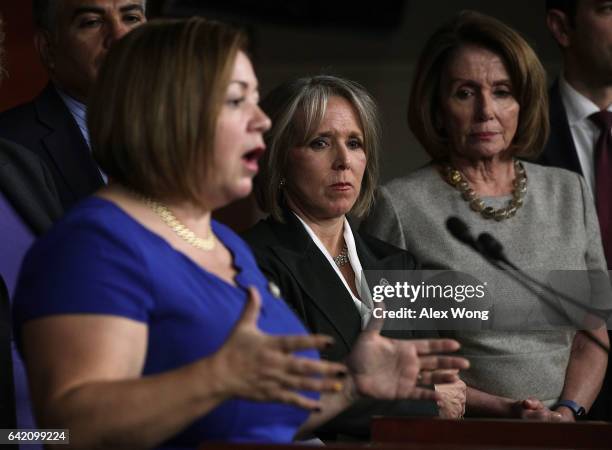 Rep. Linda Sanchez speaks as Rep. Michelle Lujan Grisham , Chair of Congressional Hispanic Caucus, House Minority Leader Rep. Nancy Pelosi and other...