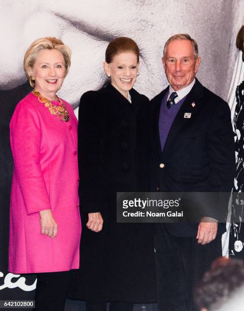 Hillary Clinton, Annette de la Renta and Michael Bloomberg attend the Oscar de la Renta Forever Stamp dedication ceremony at Grand Central Terminal...