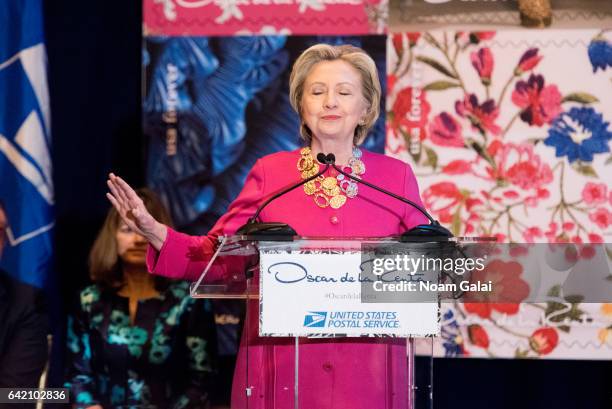 Former United States Secretary of State Hillary Clinton speaks at the Oscar de la Renta Forever Stamp dedication ceremony at Grand Central Terminal...