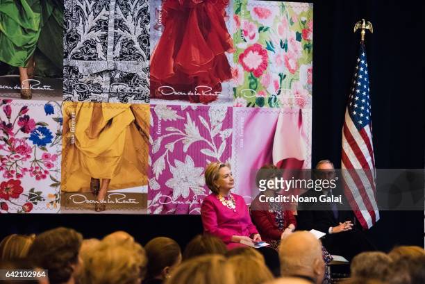 Former United States Secretary of State Hillary Clinton, Editor-in-chief of Vogue Anna Wintour and Michael Bloomberg attend the Oscar de la Renta...