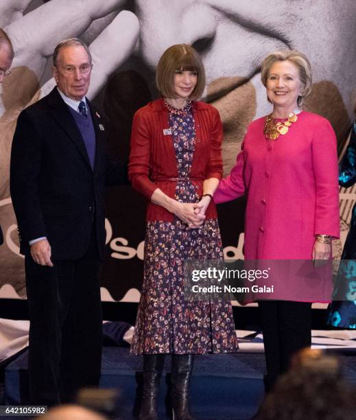 Michael Bloomberg, Anna Wintour, Hillary Clinton attend the Oscar de la Renta Forever Stamp dedication ceremony at Grand Central Terminal on February...