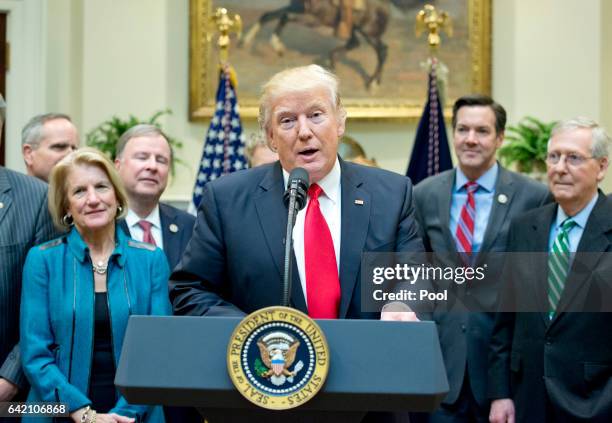 President Donald Trump makes remarks prior to signing H.J. Res. 38, disapproving the rule submitted by the US Department of the Interior known as the...