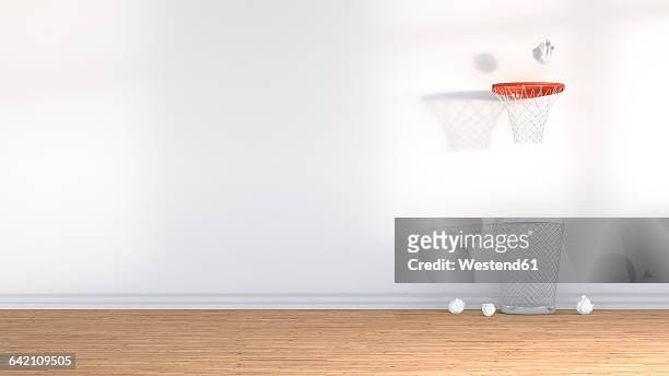 3d rendering, wastepaper basket under basketball hoop - mannen stock-grafiken, -clipart, -cartoons und -symbole