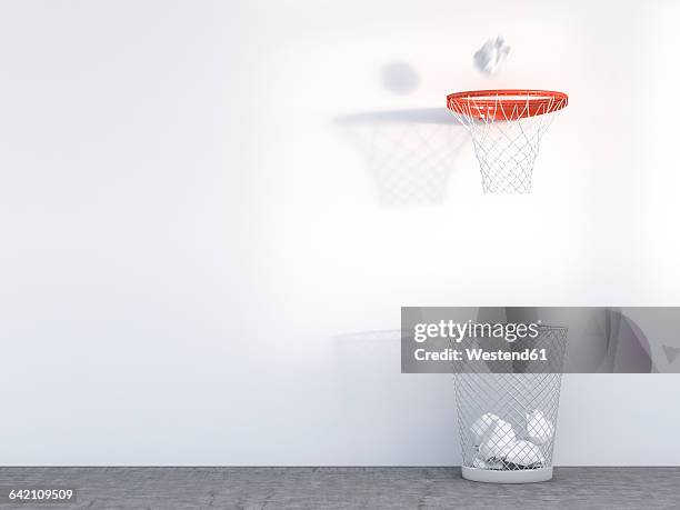 3d rendering, wastepaper basket under basketball hoop, unerring - werfen stock-grafiken, -clipart, -cartoons und -symbole