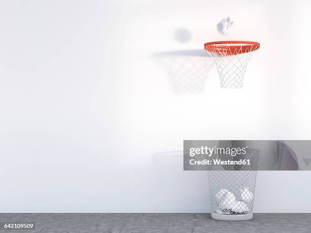 3d rendering, wastepaper basket under basketball hoop, unerring - wastepaper basket stock illustrations