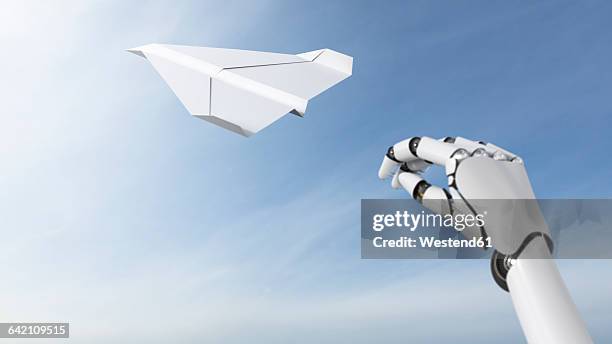 robot hand throwing paper plane, 3d rendering - sky from plane stock-fotos und bilder