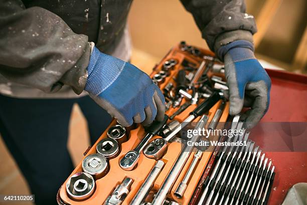 senior man with tool box - work glove stock pictures, royalty-free photos & images