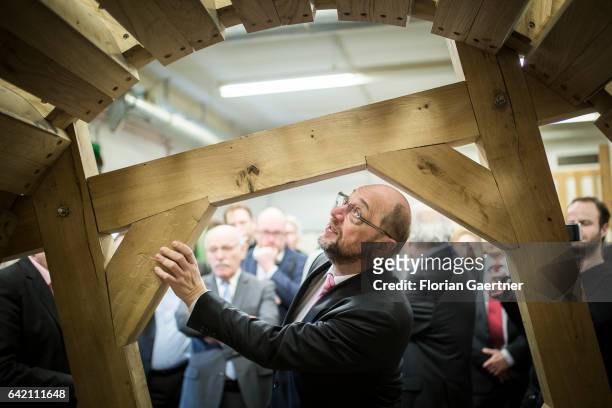 Martin Schulz, the chancellor candidate of the German Social Democrats visits vocational assistance for youth on February 16, 2017 in Essen, Germany....