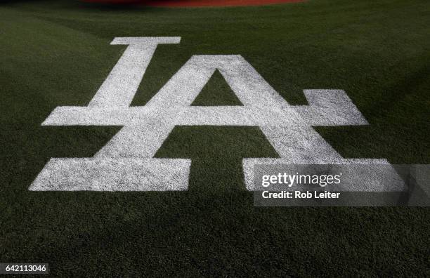Detail shot of the Los Angeles Dodgers logo on field before Game 3 of NLDS against the Washington Nationals at Dodger Stadium on Monday, October 10,...