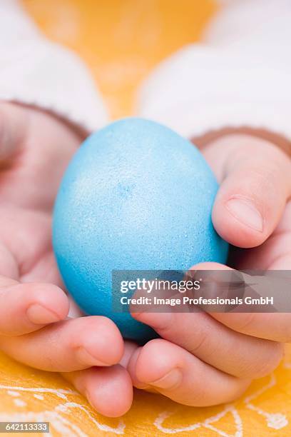 childs hands holding a blue egg - kid boiled egg bildbanksfoton och bilder