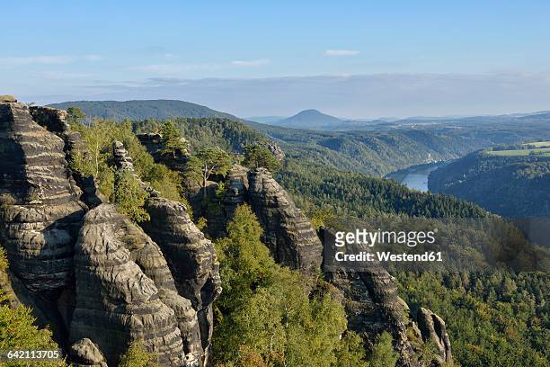 germany, saxony, saxon switzerland national park, view from the schrammsteine viewpoint, elbe sandstone mountains - saxony stock pictures, royalty-free photos & images