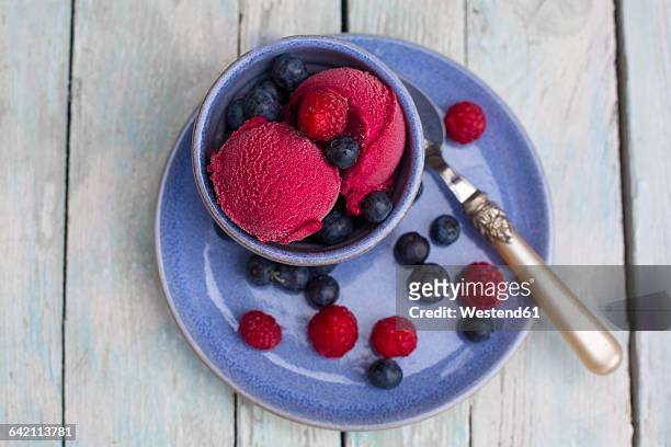 bowl of wild-berry ice cream - ice cream scoop stock-fotos und bilder