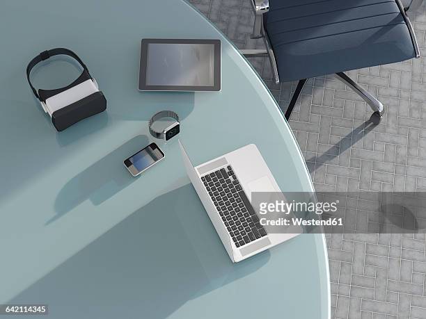 smartwatch, virtual reality glasses, laptop, tablet-pc and mobile phone on desk - office table stock illustrations