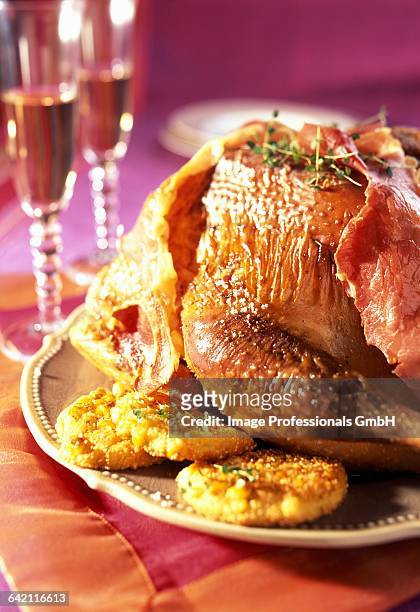 roast turkey with bayonne ham and corn galettes - christmas leg ham stock pictures, royalty-free photos & images