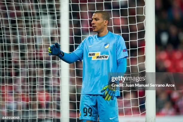 Boy Waterman of APOEL Nikosia reacts during the UEFA Europa League Round of 32 first leg match between Athletic Bilbao and APOEL Nikosia at Estadio...