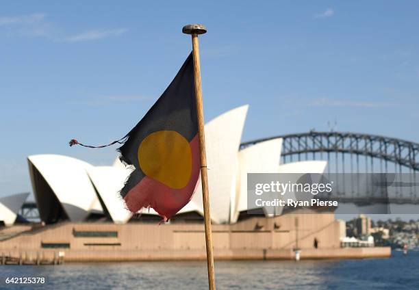 An Aborginal Flag is seen flying in front of the Sydney Opera House and the Sydney Harbour Bridge as Midnight Oil announce their upcoming World Tour...