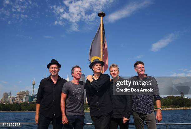 Bones Hillman, Rob Hirst, Peter Garrett, Jim Moginie and Martin Rotsey of Midnight Oil pose during a media announcement on February 17, 2017 in...