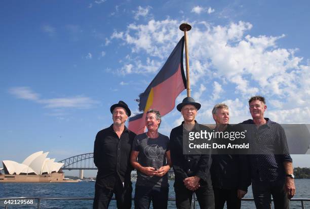 Bones Hillman, Rob Hirst, Peter Garrett, Jim Moginie and Martin Rotsey of Midnight Oil pose during a media announcement on February 17, 2017 in...