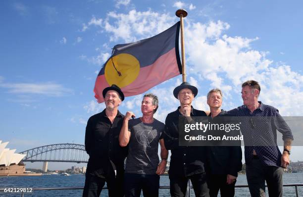 Bones Hillman, Rob Hirst, Peter Garrett, Jim Moginie and Martin Rotsey of Midnight Oil pose during a media announcement on February 17, 2017 in...