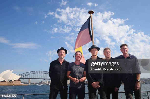 Bones Hillman, Rob Hirst, Peter Garrett, Jim Moginie and Martin Rotsey of Midnight Oil pose during a media announcement on February 17, 2017 in...