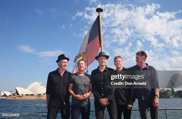 Bones Hillman, Rob Hirst, Peter Garrett, Jim Moginie and Martin Rotsey of Midnight Oil pose during a media announcement on February 17, 2017 in...