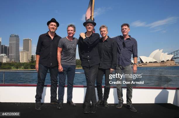 Bones Hillman, Rob Hirst, Peter Garrett, Jim Moginie and Martin Rotsey of Midnight Oil pose during a media announcement on February 17, 2017 in...