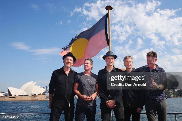 Bones Hillman, Rob Hirst, Peter Garrett, Jim Moginie and Martin Rotsey of Midnight Oil pose during a media announcement on February 17, 2017 in...