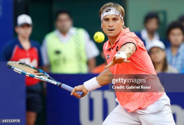 David Ferrer of Spain takes a forehand shot during a second round match between David Ferrer of Spain and Carlos Berlocq of Argentina as part of ATP...