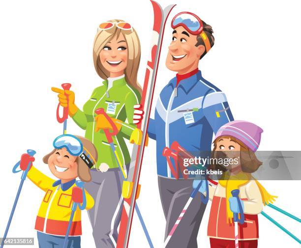 skifahren für familien - skikleidung stock-grafiken, -clipart, -cartoons und -symbole