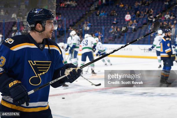 Kenny Agostino of the St. Louis Blues juggles a puck prior to a game against the Vancouver Canucks on February 16, 2017 in St. Louis, Missouri.