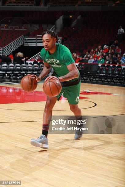 James Young of the Boston Celtics warms up before the game against the Chicago Bulls on February 16, 2017 at the United Center in Chicago, Illinois....