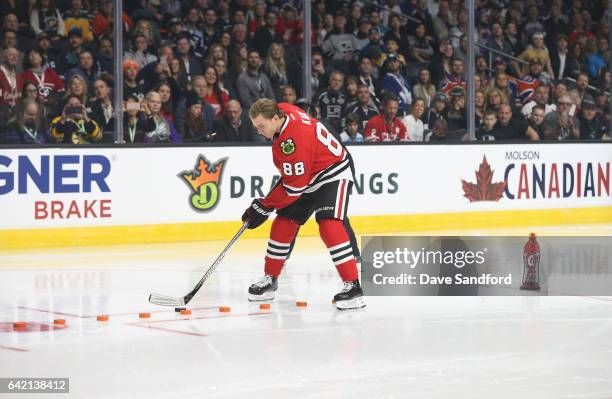 Patrick Kane of the Chicago Blackhawks in action during the Gatorade Skills Challenge Relay as part of the 2017 Coors Light NHL All-Star Skills...
