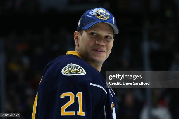Kyle Okposo of the Buffalo Sabres looks on during the 2017 Coors Light NHL All-Star Skills Competition at Staples Center on January 28, 2017 in Los...