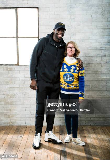 Draymond Green and of the Golden State Warriors and Robin "Golden State Warriors Dance Cam mom" Schreiber pose for a photo during the 2017 All-Star...