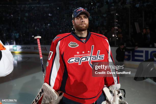 Braden Holtby of the Washington Capitals looks on during player introductions prior to tthe 2017 Coors Light NHL All-Star Skills Competition at...