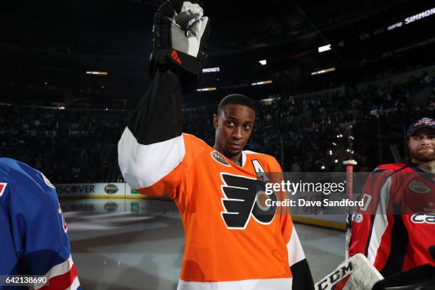Wayne Simmonds of the Philadelphia Flyers acknowledges the fans during player introductions prior to tthe 2017 Coors Light NHL All-Star Skills...