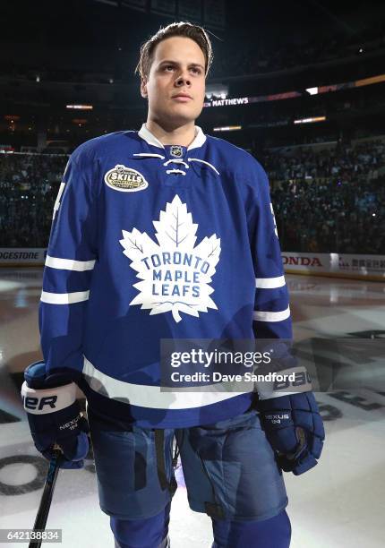 Auston Matthews of the Toronto Maple Leafs looks on during player introductions prior to the 2017 Coors Light NHL All-Star Skills Competition at...