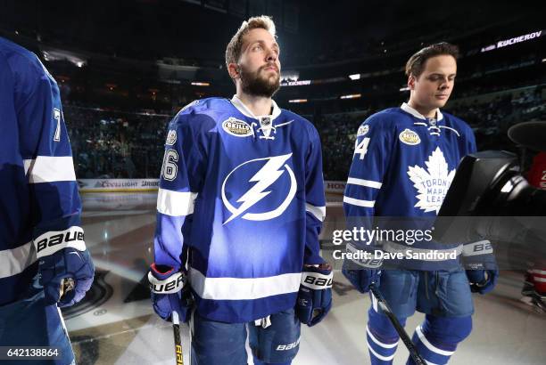 Nikita Kucherov of the Tampa Bay Lightning and Auston Matthews of the Toronto Maple Leafs look on during player introductions prior to the 2017 Coors...