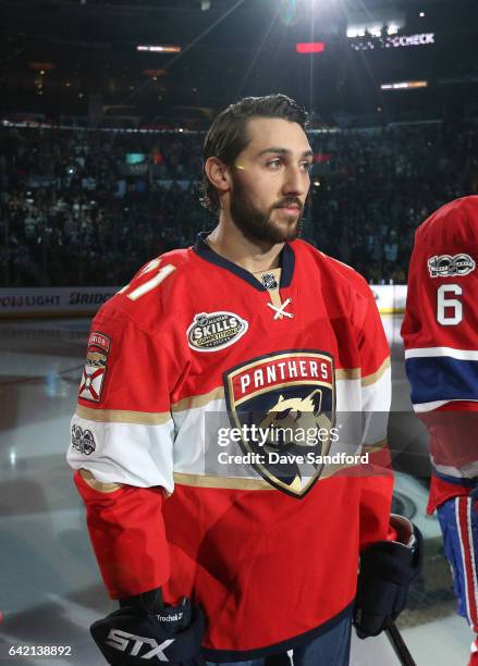 Vincent Trocheck of the Florida Panthers looks on during player introductions prior to the 2017 Coors Light NHL All-Star Skills Competition at...