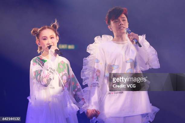 Singer Ivana Wong and singer Hins Cheung perform during "The Magical Teeter Totter" concert at Hong Kong Coliseum on February 16, 2017 in Hong Kong,...